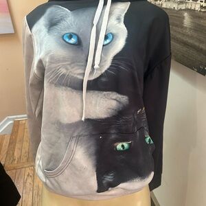 Cat Print Hoodie with Blue and Green Eyes